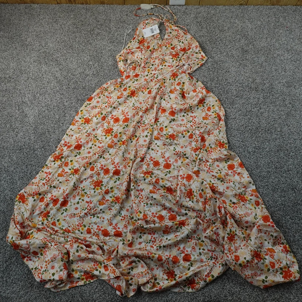 NEW HYFVE Dress Womens L Off White Floral Maxi High Neck Keyhole Tassel Sundress